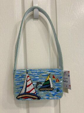 Sailboat Dolphin Porpoise Beaded Bag Coastal  Made in India New Release NWT